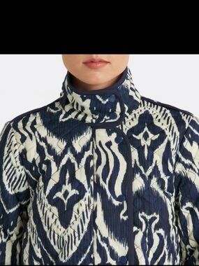 bagatelle Ikat quilted Navy and Ivory Patterned Utility Jacket Sz S